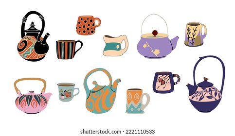 Set of different Cups and teapots. Porcelain crockery kitchen cup, trendy colored coffee mug kettles. Traditional English breakfast beverage. Collection of modern flat vector illustrations isolated.
