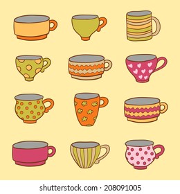 Set of a different cups in vector. Seamless pattern can be used for menu, card template, business card.