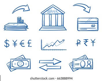 Set with different currency, money and finance icons. Hand drawn line art cartoon vector illustration.