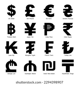 Set of different currency symbols on white background