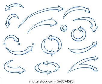 Set of different curved and circle arrows for work flow charts, video clips or info graphics. Hand drawn doodle cartoon vector illustration.