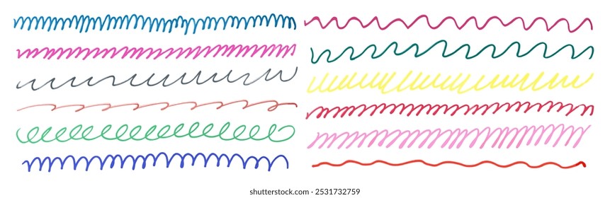 Set of different curved lines drawn with felt-tip pen. Brushes with marker. Vector illustration