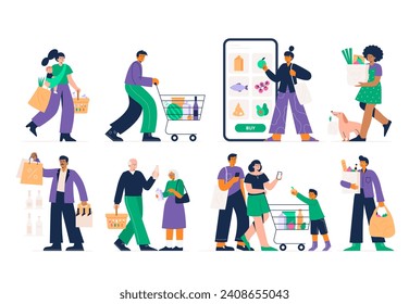 Set of different customers in a grocery store. People make purchases of food and drinks. Routine and household chores concepts. Vector flat illustrations on a white background.