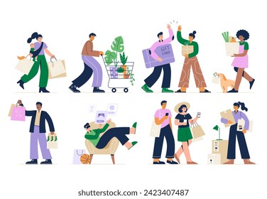 Set of different customers. People make purchases at stores. People shopping online on the phone and in the metaverse. Vector flat illustrations on a white background.