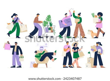 Set of different customers. People make purchases at stores. People shopping online on the phone and in the metaverse. Vector flat illustrations on a white background.