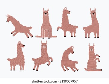 set of different cute alpaca llamas in brown and white