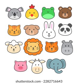 Set of different cute animal flat design vector illustration. Cute animal face of cat, bear, tiger, panda, fox, chicken, cow, lion, monkey, koala, rabbit, pig.