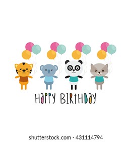 Set of different cute animals with balloons on a white background