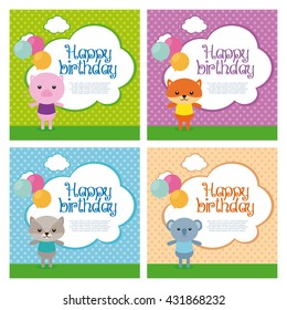 Set of different cute animals with balloons on a textured background