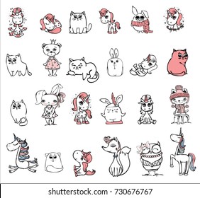 Set of different cute animals: bear, rabbit, cat, owl, unicorn and owl for greeting card design, t-shirt print, inspiration poster.