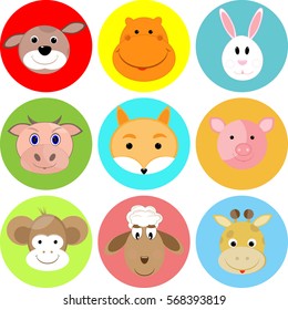 set of different cute animals cow, sheep, giraffe, rabbit, dog, dog, fox, pig, hippopotamus vector illustration