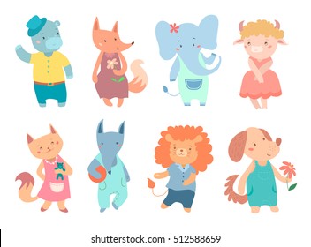 Set of different cute animals: dog, cat, elephant, lion, sheep, hippopotamus, fox, wolf. Vector flat illustration