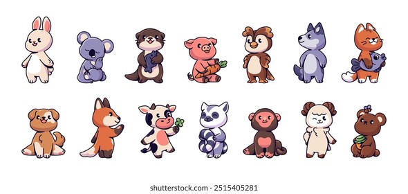 Conjunto de diferentes animales lindos del bebé. Pegatinas divertidas de cachorro feliz, gato esponjoso con pescado, conejito adorable, oso divertido con miel, cerdo encantador. Ilustraciones vectoriales aisladas planas sobre fondo blanco