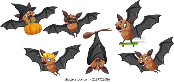 Set of different cute bats in cartoon style illustration