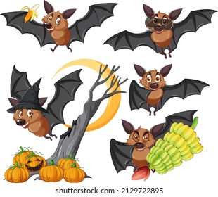Set of different cute bats in cartoon style illustration