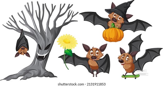 Set of different cute bats in cartoon style illustration