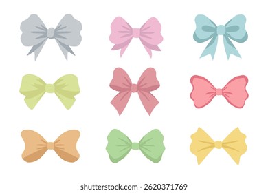 Set of different cute bows. Multicolored ribbons. Vector.