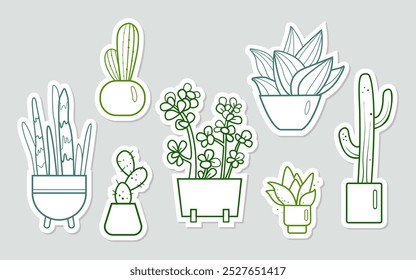 Set con diferentes cactus lindos, ficus y suculentas pegatinas. Plantas exóticas caseras. Cactus suculento en olla para pegatinas, envoltura, carteles, tarjetas de felicitación