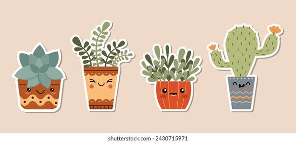 Set with different cute cacti and succulents stickers with funny faces in pots. Kawaii Funny succulent with cute face in pot. Cartoon floral characters. Vector