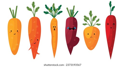 Set of different cute carrots on white background