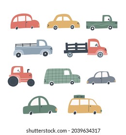 Set of different cute cars. Hand drawn vector illustration for kids  design.