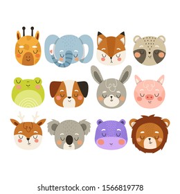 Set of different cute cartoon animals faces on white background. Vector set of cartoon animals. Animals stckers set, poster or card template