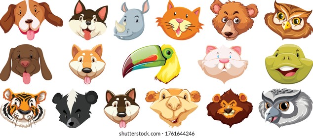 Set of different cute cartoon animals head huge isolated on white background illustration