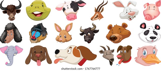 Conjunto de diferentes lindos animales de dibujos animados cabeza enorme aislados en la ilustración de fondo blanco