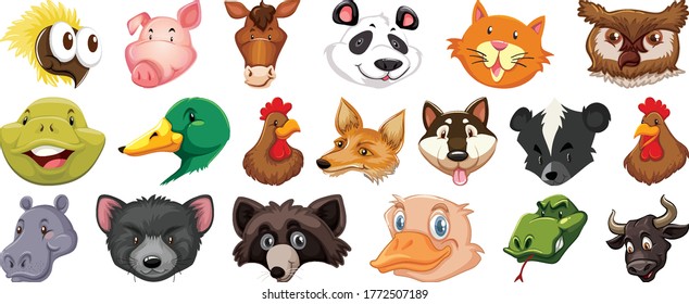 Set of different cute cartoon animals head huge isolated on white background illustration