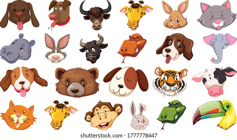 Set of different cute cartoon animals head huge isolated on white background illustration