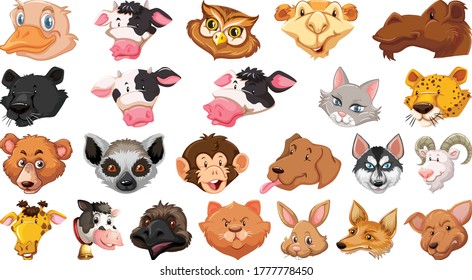 Set of different cute cartoon animals head huge isolated on white background illustration