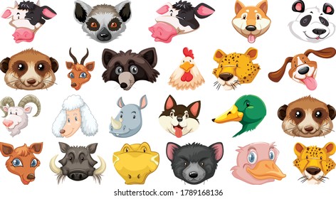 Set of different cute cartoon animals head huge isolated on white background illustration