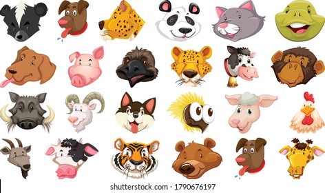 Set of different cute cartoon animals head huge isolated on white background illustration