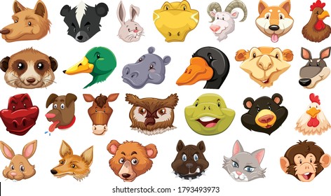 Set of different cute cartoon animals head huge isolated on white background illustration