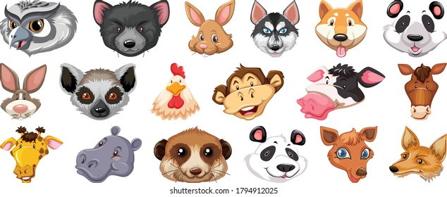 Set of different cute cartoon animals head huge isolated on white background illustration