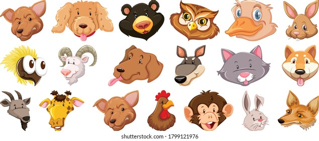 Conjunto de diferentes lindos animales de dibujos animados cabeza enorme aislados en la ilustración de fondo blanco