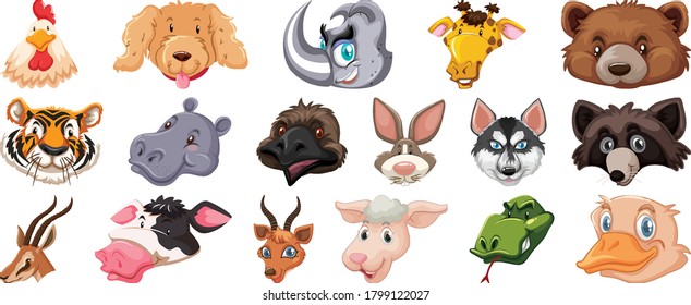 Set of different cute cartoon animals head huge isolated on white background illustration