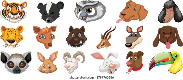 Set of different cute cartoon animals head huge isolated on white background illustration