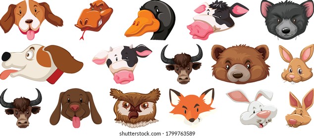 Set of different cute cartoon animals head huge isolated on white background illustration