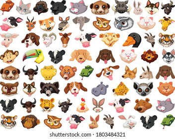Set of different cute cartoon animals head huge isolated on white background illustration