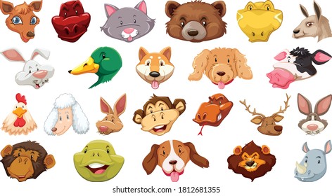 Set of different cute cartoon animals head huge isolated on white background illustration