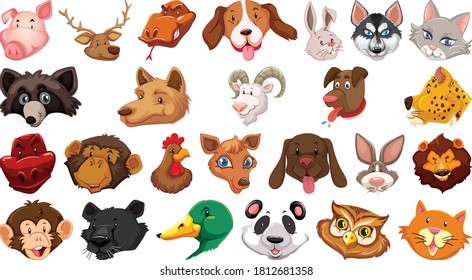 Set of different cute cartoon animals head huge isolated on white background illustration
