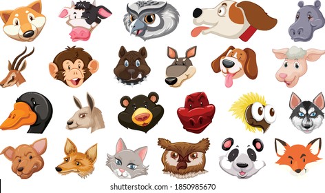 Set of different cute cartoon animals head huge isolated on white background illustration
