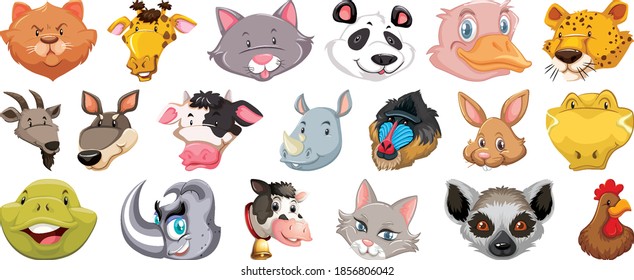 Set of different cute cartoon animals head huge isolated on white background illustration