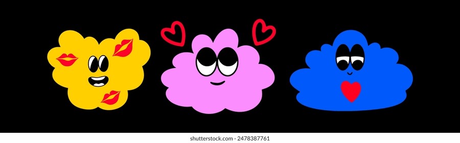 Set of different cute cartoon clouds of various colors and shapes.   