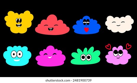 Set of different cute cartoon clouds of various colors and shapes.  Abstract funny retro forms. Vector illustration