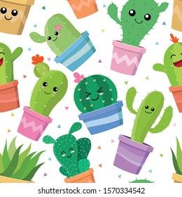 set of different cute cartoon Colorful cactus Repeat texture or Seamless pattern and succulents with funny happy faces, expression in flowerpot. concept simple flat cartoon design illustration vector.