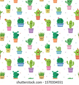 set of different cute cartoon Colorful cactus Repeat texture or Seamless pattern and succulents with funny happy faces, expression in flowerpot. concept simple flat cartoon design illustration vector.