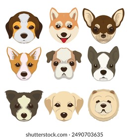Set of different cute cartoon dogs heads. Vector illustration isolated on white background.