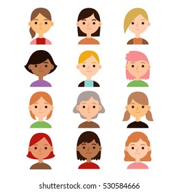 set of different cute cartoon female characters on white background. Female characters in cute and simple flat style. Cute cartoon girls with different hairstyles